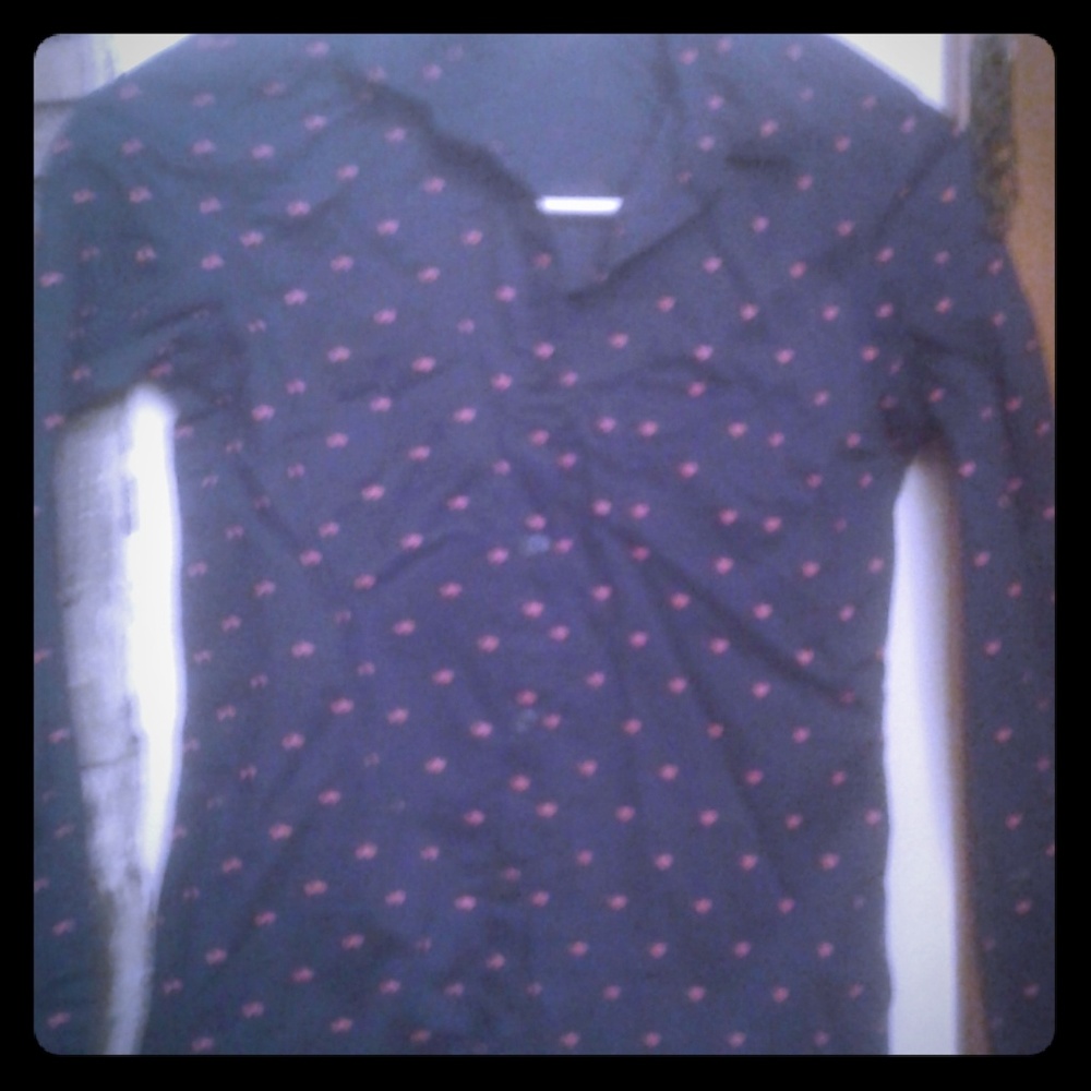 Girls navy button down blouse w/ small pink hearts